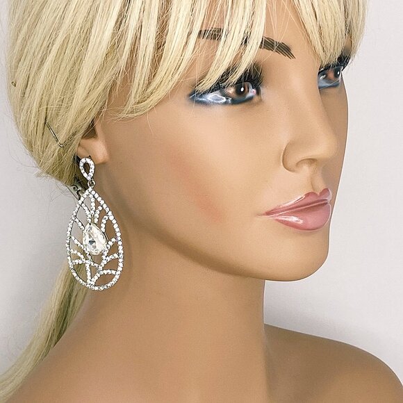 Crystal Rhinestone Drop Earrings Cocktail Formal Bridal Pageant Prom - Picture 2 of 4